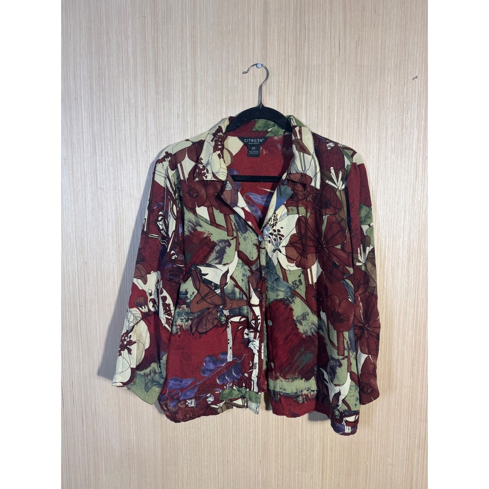 Citron Santa Monica 100% Silk Floral Button Down Blouse Red Green Womens Medium